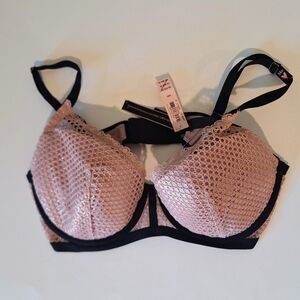 Victoria's Secret Plunge Push Up Bra Fishnet Lace Pink Black  New Size 34D